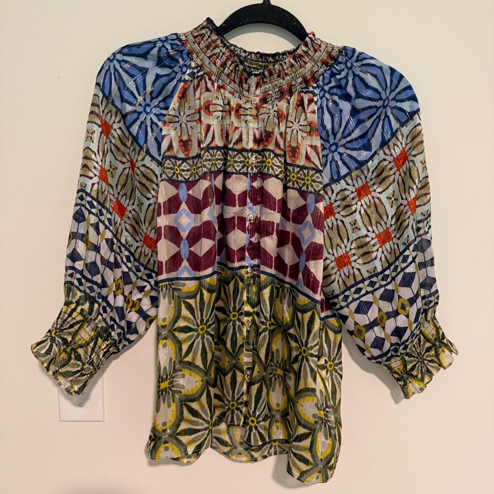 Ramy Brook Chela Smocked Neck Patchwork Metallic Blouse Blue Green L Large NWT - Picture 2 of 4